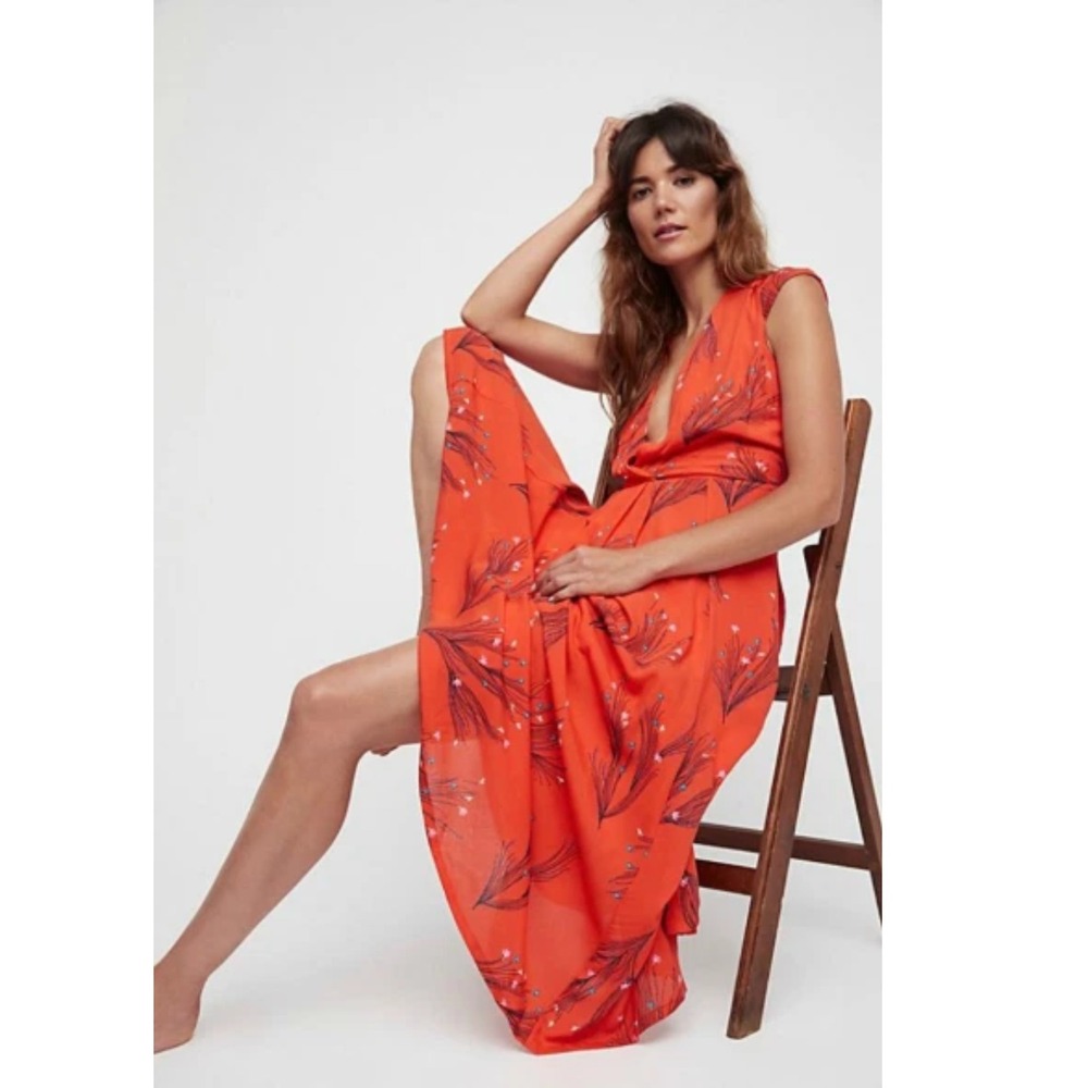 Free People Coral Orange Floral V-Neck Cap Sleeve Retro Midi Dress Pockets  8